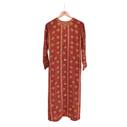 Indian Pre-Owned Rusty Red Pure Silk Hand Embroidered Ritu Kumar Designer 3 Piece Suit Set (Kurta + Dupatta + Salwar)