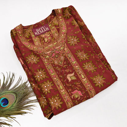 Indian Pre-Owned Rusty Red Pure Silk Hand Embroidered Ritu Kumar Designer 3 Piece Suit Set (Kurta + Dupatta + Salwar)