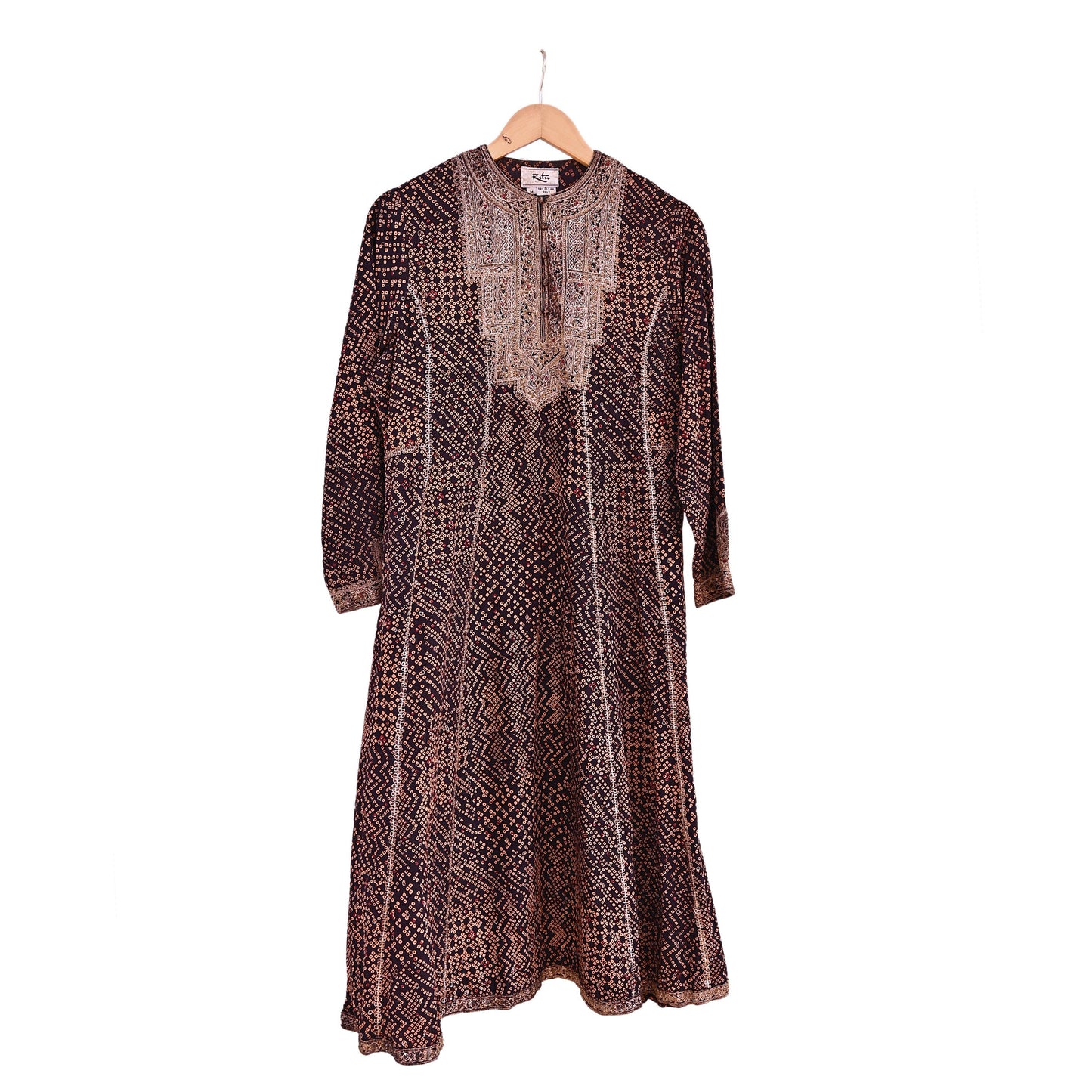 Indian Vintage Ritu Kumar Black Pure Crepe Silk Long Kurta Hand Embroidered Bandhani Printed Designer Ethnic Festive Party Wear Tunic