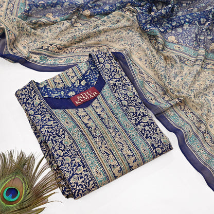 Indian Pre-Owned Blue & Ivory Pure Silk Hand Embroidered Ritu Kumar Designer 3 Piece Suit Set (Kurta + Dupatta + Salwar)