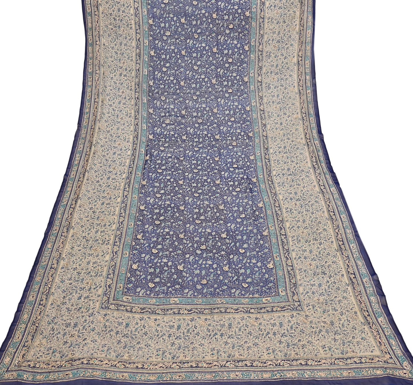 Indian Pre-Owned Blue & Ivory Pure Silk Hand Embroidered Ritu Kumar Designer 3 Piece Suit Set (Kurta + Dupatta + Salwar)