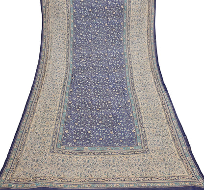 Indian Pre-Owned Blue & Ivory Pure Silk Hand Embroidered Ritu Kumar Designer 3 Piece Suit Set (Kurta + Dupatta + Salwar)