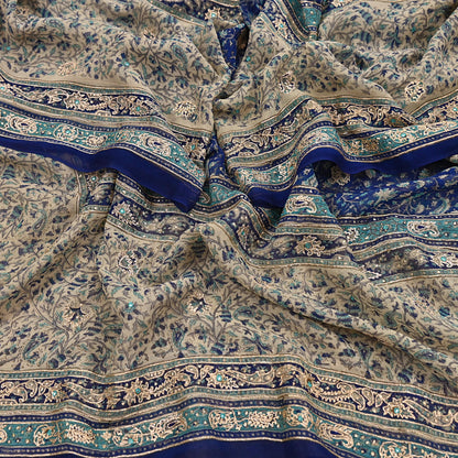 Indian Pre-Owned Blue & Ivory Pure Silk Hand Embroidered Ritu Kumar Designer 3 Piece Suit Set (Kurta + Dupatta + Salwar)