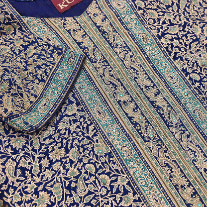 Indian Pre-Owned Blue & Ivory Pure Silk Hand Embroidered Ritu Kumar Designer 3 Piece Suit Set (Kurta + Dupatta + Salwar)