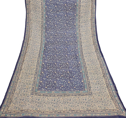 Indian Vintage Blue & Ivory Dupatta Pure Chiffon Silk Long Stole Hand Embroidered Designer By Ritu Kumar Scarves Scarf Zari Zardozi