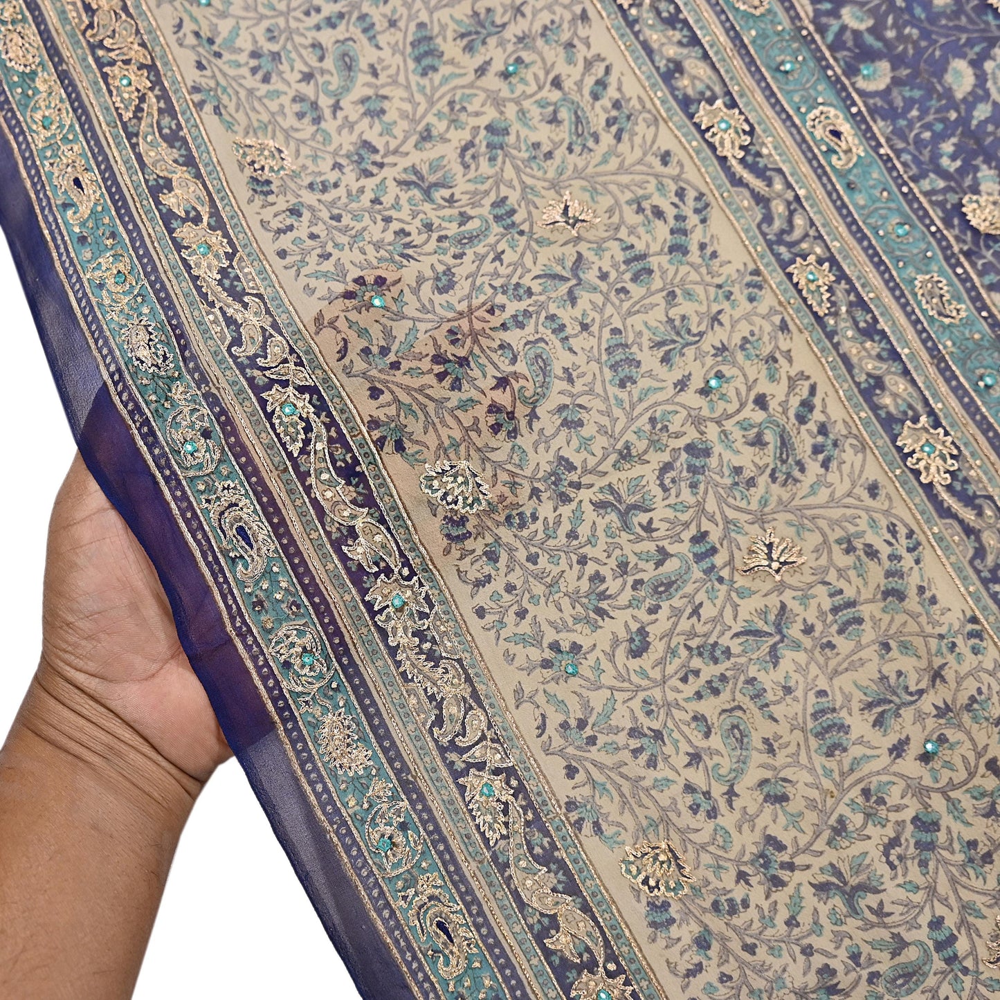 Indian Vintage Blue & Ivory Dupatta Pure Chiffon Silk Long Stole Hand Embroidered Designer By Ritu Kumar Scarves Scarf Zari Zardozi