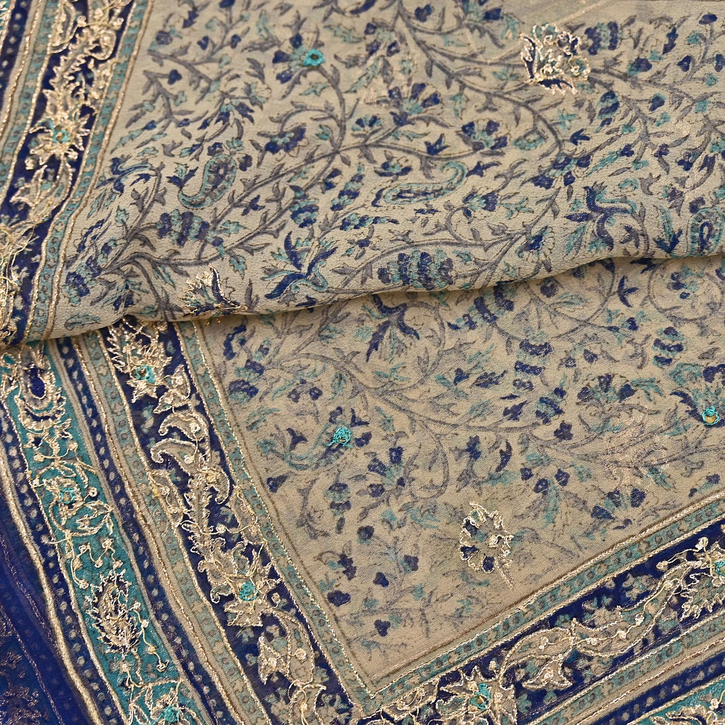 Indian Vintage Blue & Ivory Dupatta Pure Chiffon Silk Long Stole Hand Embroidered Designer By Ritu Kumar Scarves Scarf Zari Zardozi