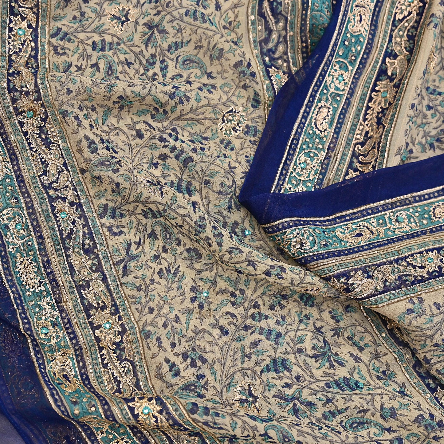 Indian Vintage Blue & Ivory Dupatta Pure Chiffon Silk Long Stole Hand Embroidered Designer By Ritu Kumar Scarves Scarf Zari Zardozi