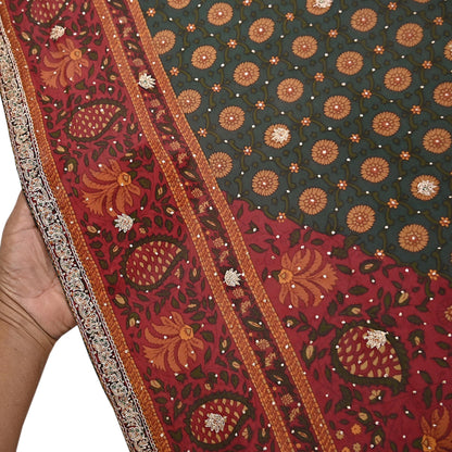 Indian Vintage Heavy Red & Green Dupatta Pure Silk Long Stole Hand Embroidered Designer By Ritu Kumar Scarves Scarf Zari Zardozi