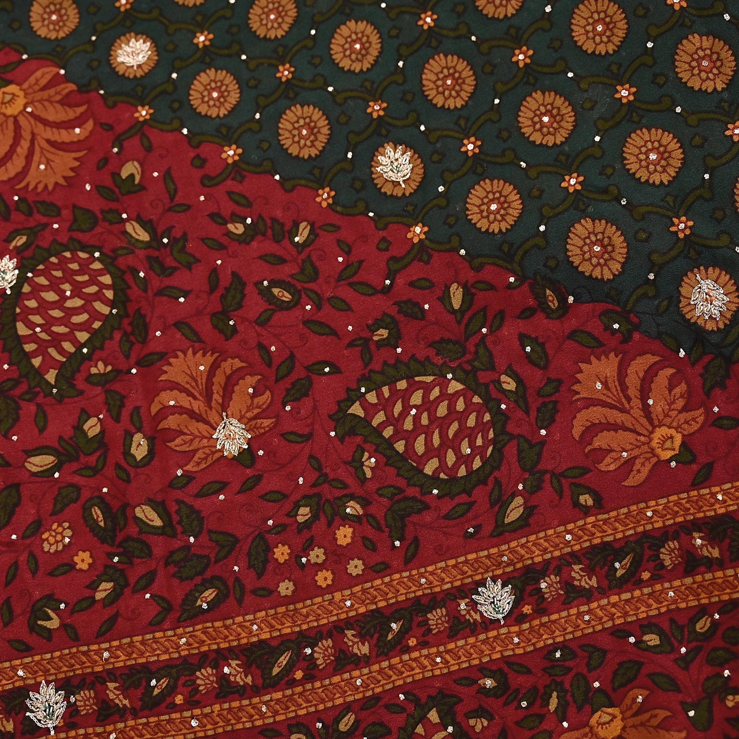 Indian Vintage Heavy Red & Green Dupatta Pure Silk Long Stole Hand Embroidered Designer By Ritu Kumar Scarves Scarf Zari Zardozi