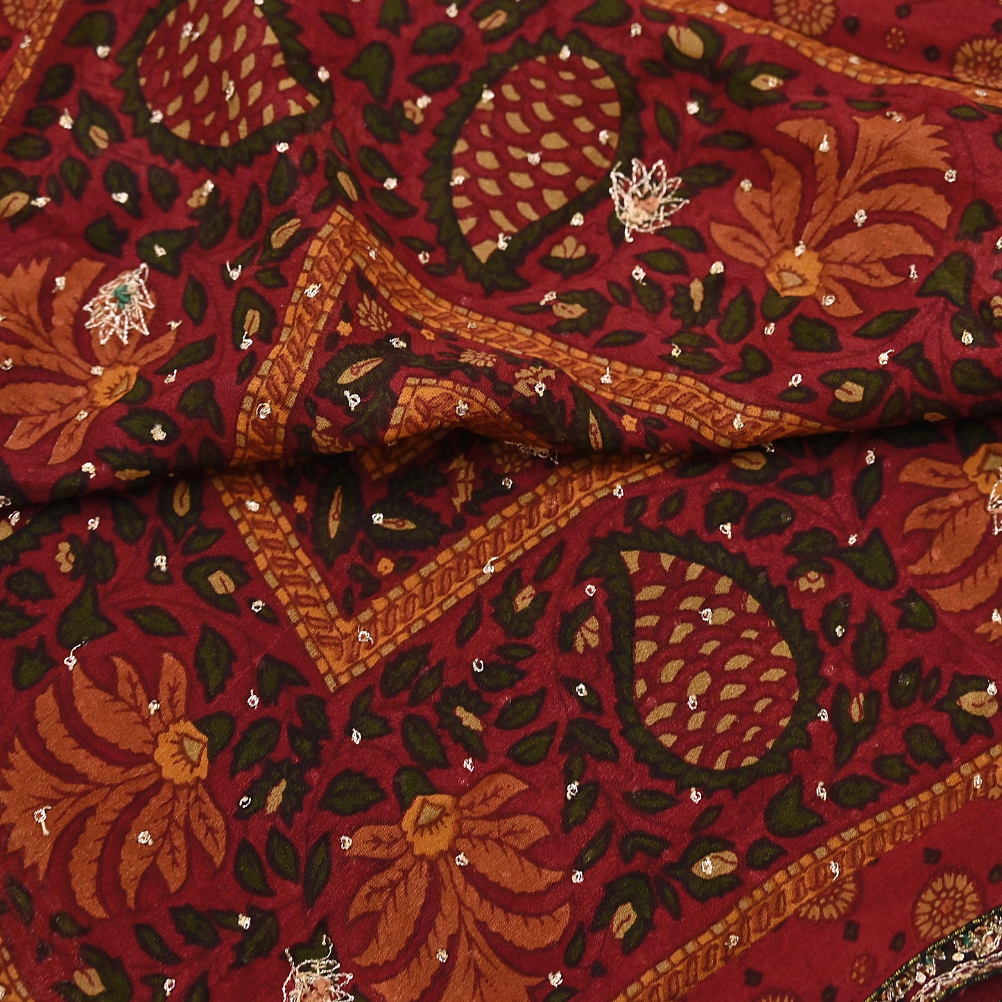 Indian Vintage Heavy Red & Green Dupatta Pure Silk Long Stole Hand Embroidered Designer By Ritu Kumar Scarves Scarf Zari Zardozi