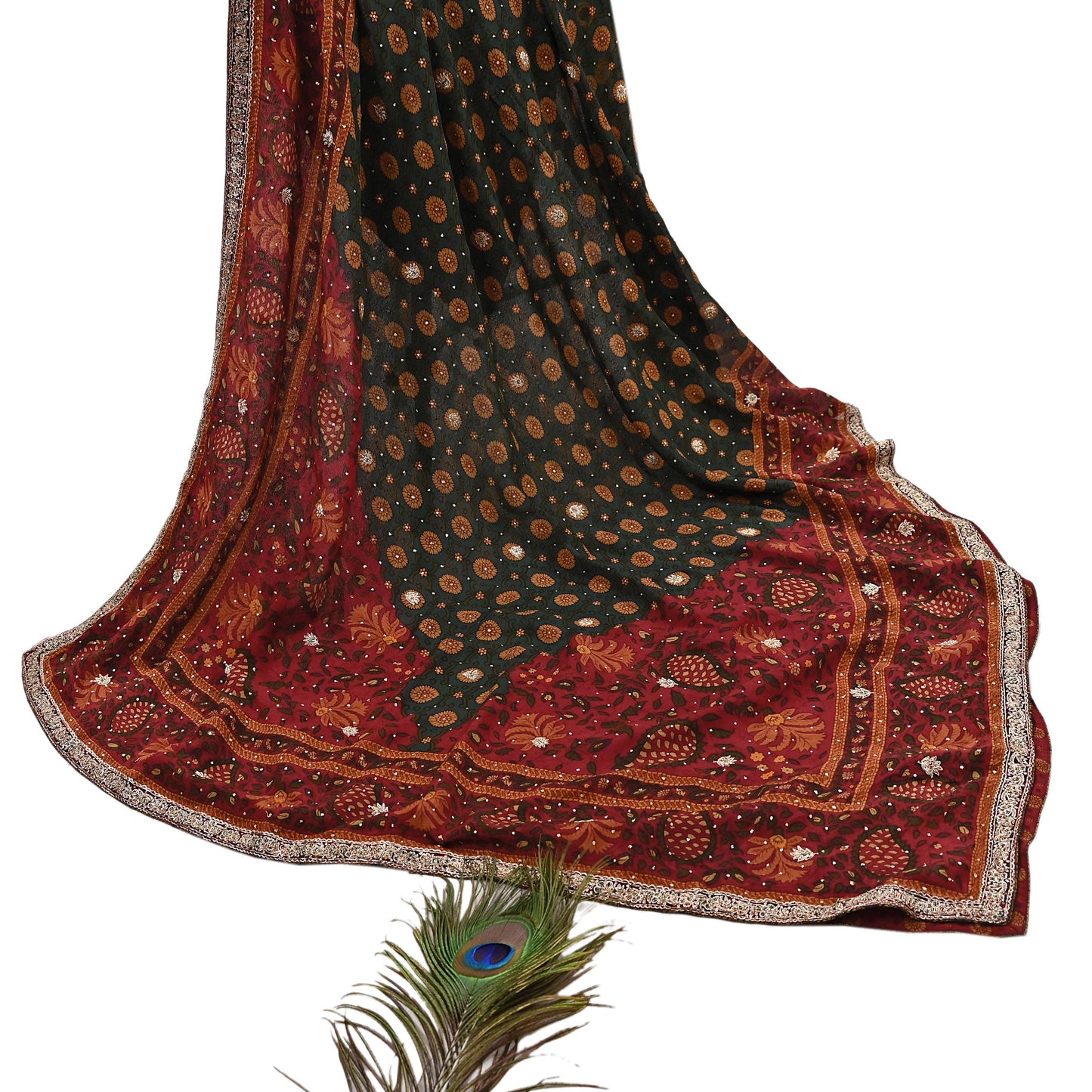 Indian Vintage Heavy Red & Green Dupatta Pure Silk Long Stole Hand Embroidered Designer By Ritu Kumar Scarves Scarf Zari Zardozi