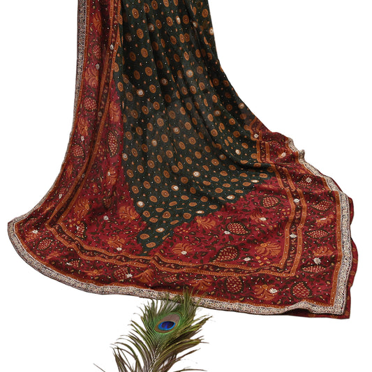 Indian Vintage Heavy Red & Green Dupatta Pure Silk Long Stole Hand Embroidered Designer By Ritu Kumar Scarves Scarf Zari Zardozi