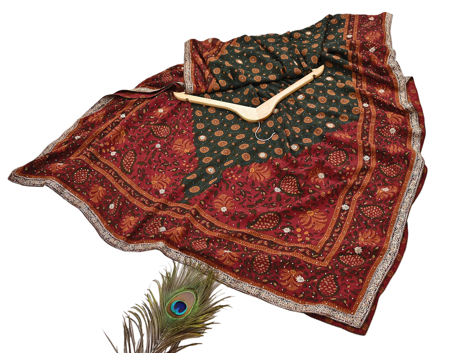 Indian Vintage Heavy Red & Green Dupatta Pure Silk Long Stole Hand Embroidered Designer By Ritu Kumar Scarves Scarf Zari Zardozi