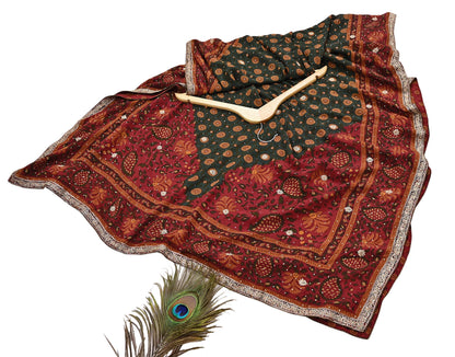 Indian Vintage Heavy Red & Green Dupatta Pure Silk Long Stole Hand Embroidered Designer By Ritu Kumar Scarves Scarf Zari Zardozi