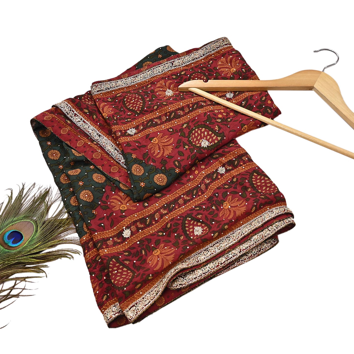 Indian Vintage Heavy Red & Green Dupatta Pure Silk Long Stole Hand Embroidered Designer By Ritu Kumar Scarves Scarf Zari Zardozi