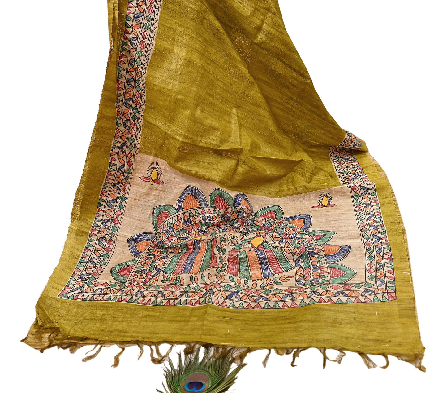 Indian Vintage Beige & Green Dupatta Pure Khadi silk Long Stole Hand Embroidered Scarves Floral Design Stole Veil Wrap