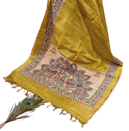 Indian Vintage Beige & Green Dupatta Pure Khadi silk Long Stole Hand Embroidered Scarves Floral Design Stole Veil Wrap