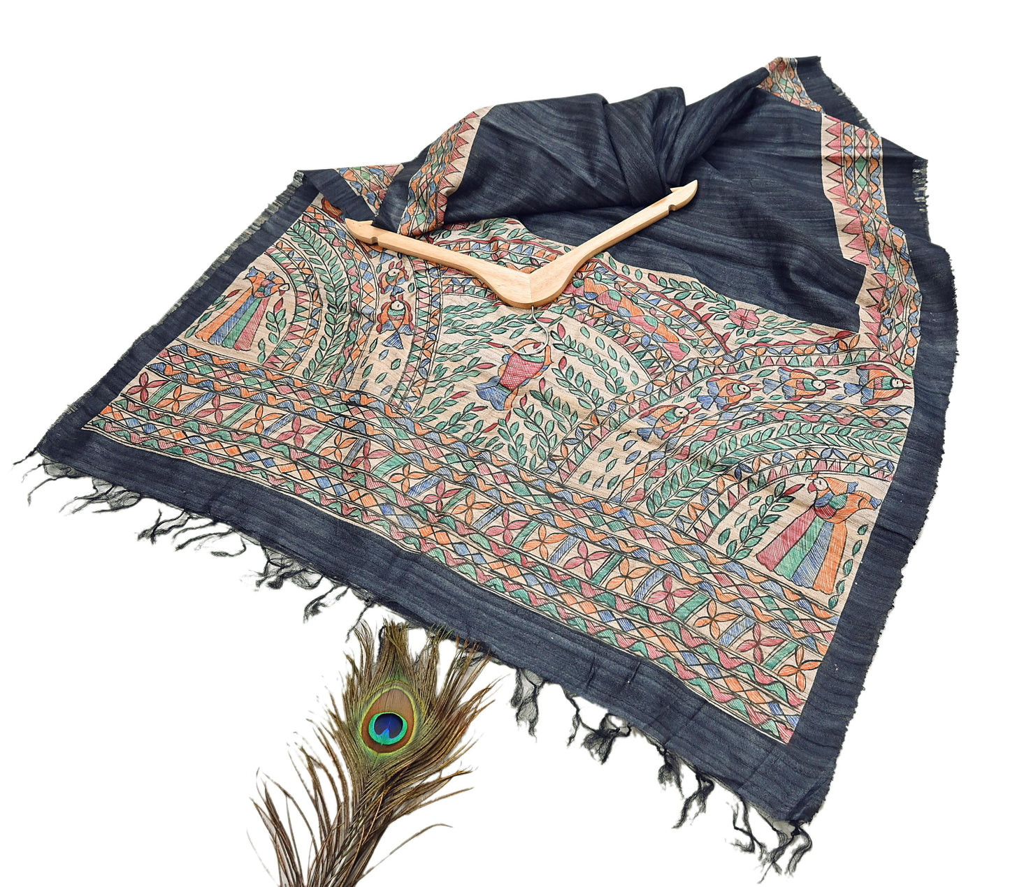 Indian Vintage Beige & Green Dupatta Pure Khadi silk Long Stole Hand Embroidered Scarves Floral Design Stole Veil Wrap