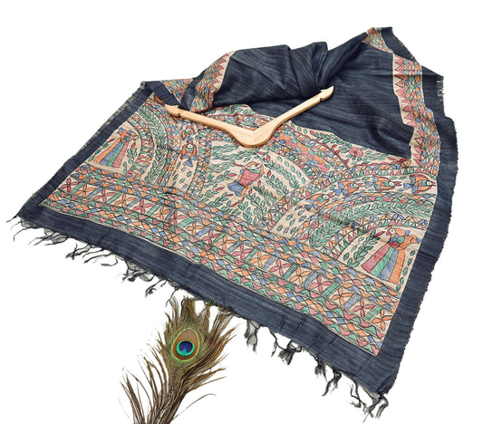 Indian Vintage Beige & Green Dupatta Pure Khadi silk Long Stole Hand Embroidered Scarves Floral Design Stole Veil Wrap