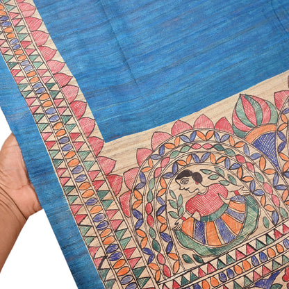 Indian Vintage Beige & Blue Dupatta Pure Khadi silk Long Stole Hand Embroidered Scarves Floral Design Stole Veil Wrap
