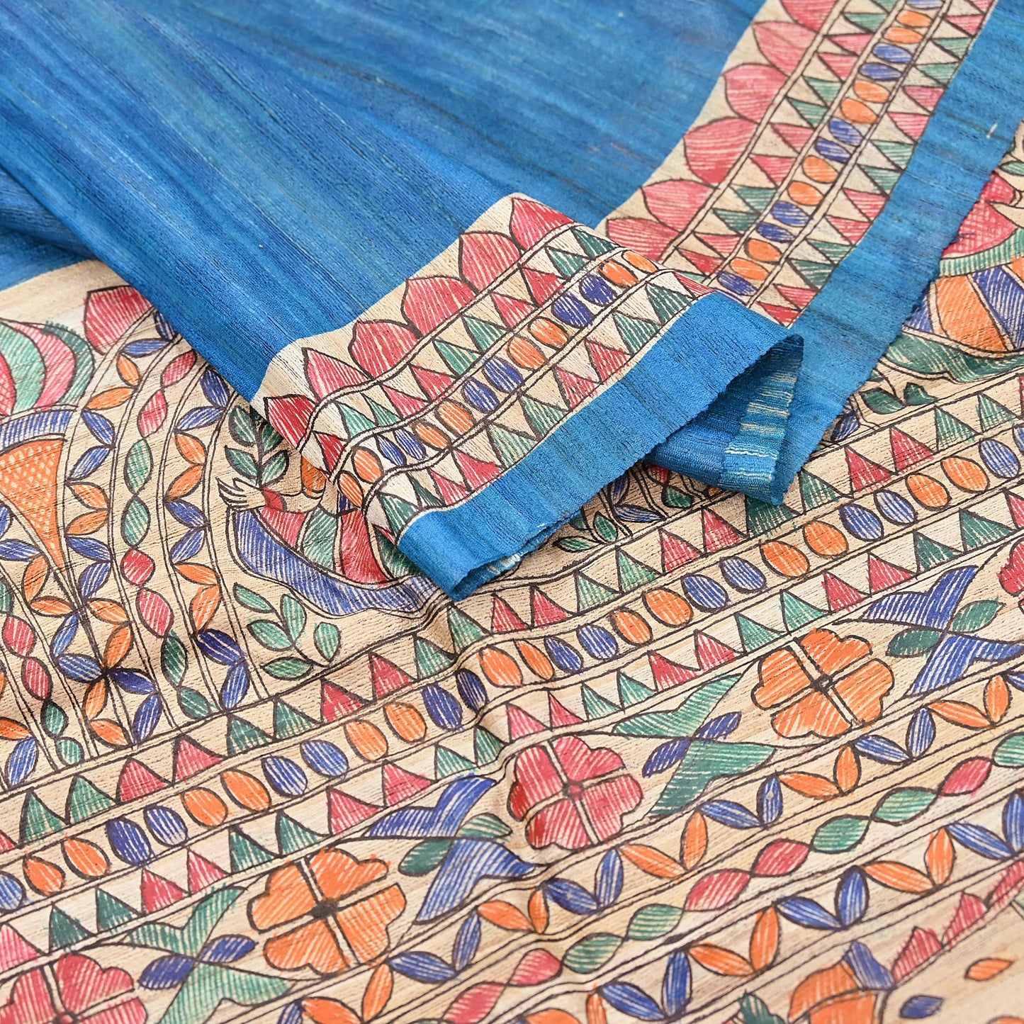 Indian Vintage Beige & Blue Dupatta Pure Khadi silk Long Stole Hand Embroidered Scarves Floral Design Stole Veil Wrap