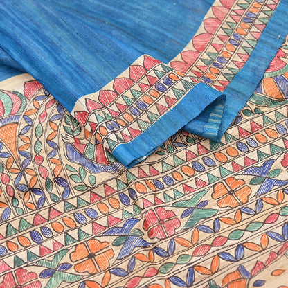 Indian Vintage Beige & Blue Dupatta Pure Khadi silk Long Stole Hand Embroidered Scarves Floral Design Stole Veil Wrap