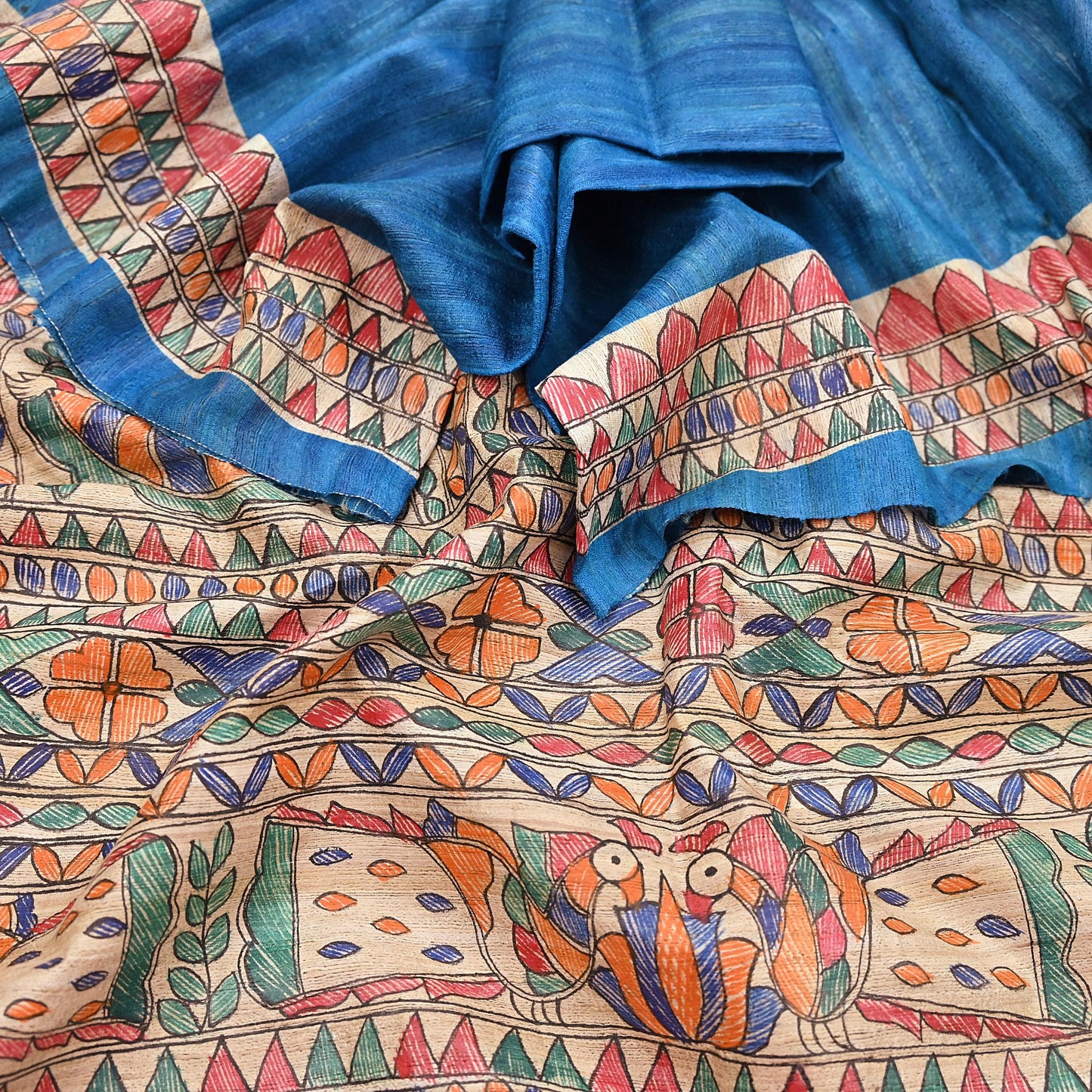 Indian Vintage Beige & Blue Dupatta Pure Khadi silk Long Stole Hand Embroidered Scarves Floral Design Stole Veil Wrap
