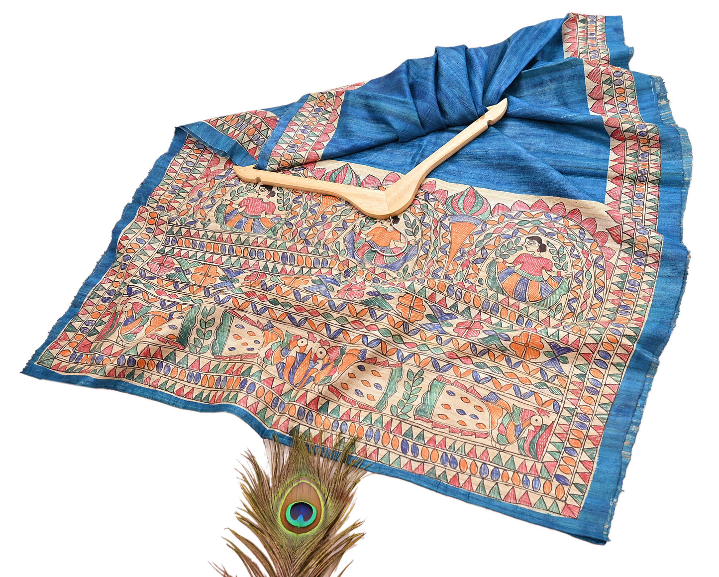 Indian Vintage Beige & Blue Dupatta Pure Khadi silk Long Stole Hand Embroidered Scarves Floral Design Stole Veil Wrap
