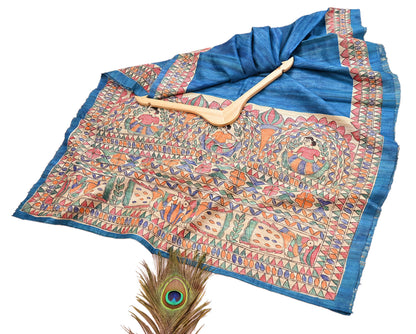 Indian Vintage Beige & Blue Dupatta Pure Khadi silk Long Stole Hand Embroidered Scarves Floral Design Stole Veil Wrap