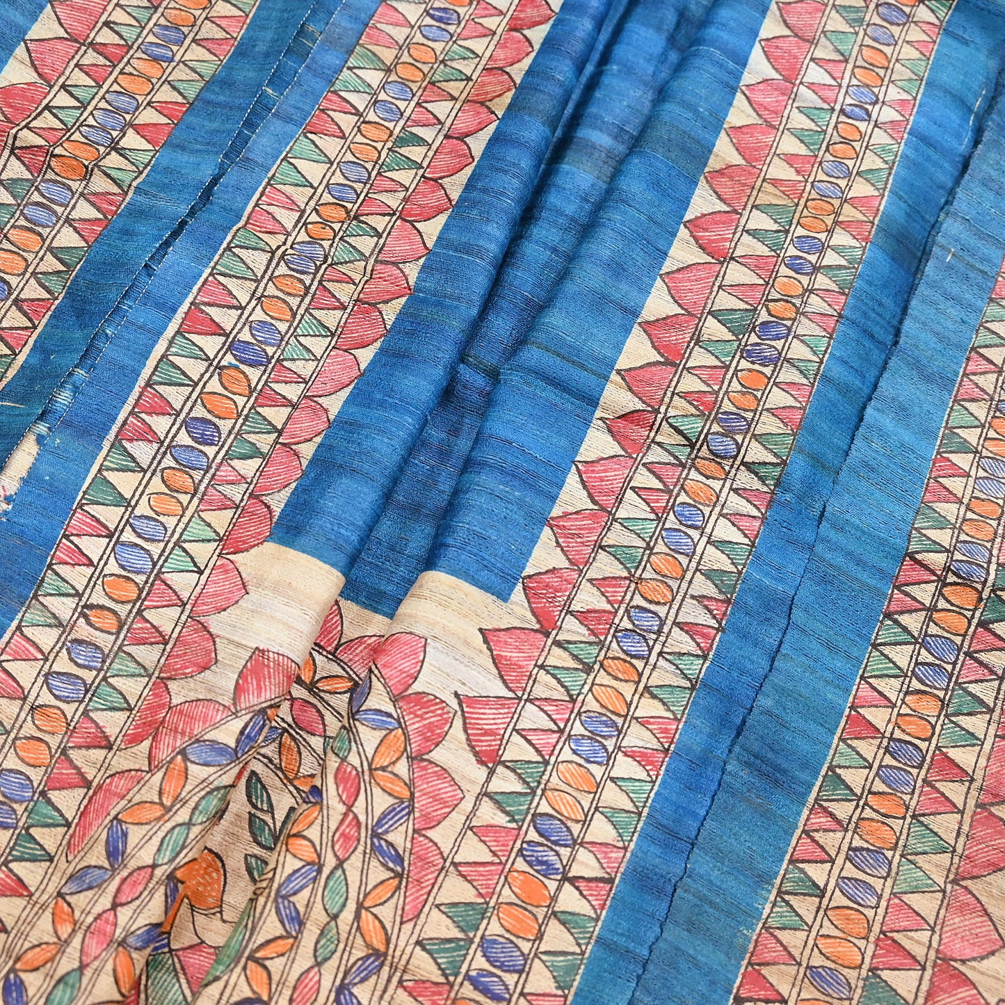 Indian Vintage Beige & Blue Dupatta Pure Khadi silk Long Stole Hand Embroidered Scarves Floral Design Stole Veil Wrap