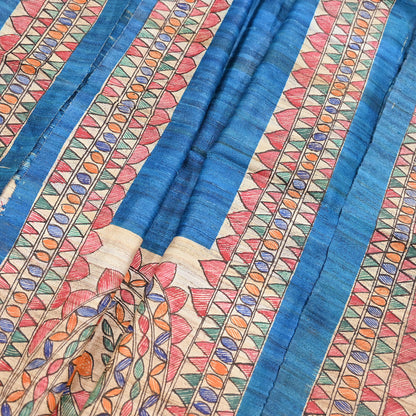 Indian Vintage Beige & Blue Dupatta Pure Khadi silk Long Stole Hand Embroidered Scarves Floral Design Stole Veil Wrap