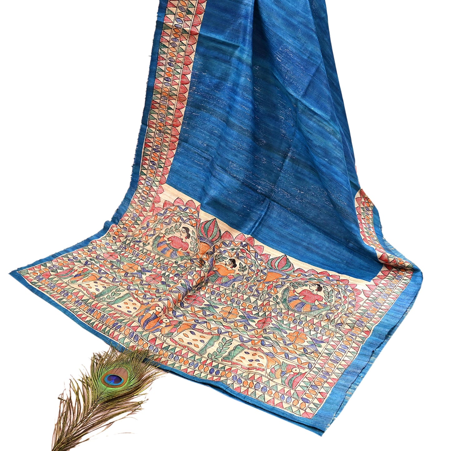 Indian Vintage Beige & Blue Dupatta Pure Khadi silk Long Stole Hand Embroidered Scarves Floral Design Stole Veil Wrap