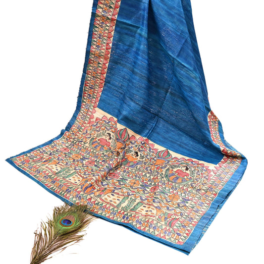 Indian Vintage Beige & Blue Dupatta Pure Khadi silk Long Stole Hand Embroidered Scarves Floral Design Stole Veil Wrap