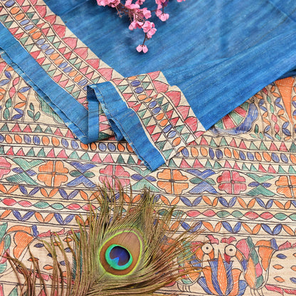 Indian Vintage Beige & Blue Dupatta Pure Khadi silk Long Stole Hand Embroidered Scarves Floral Design Stole Veil Wrap