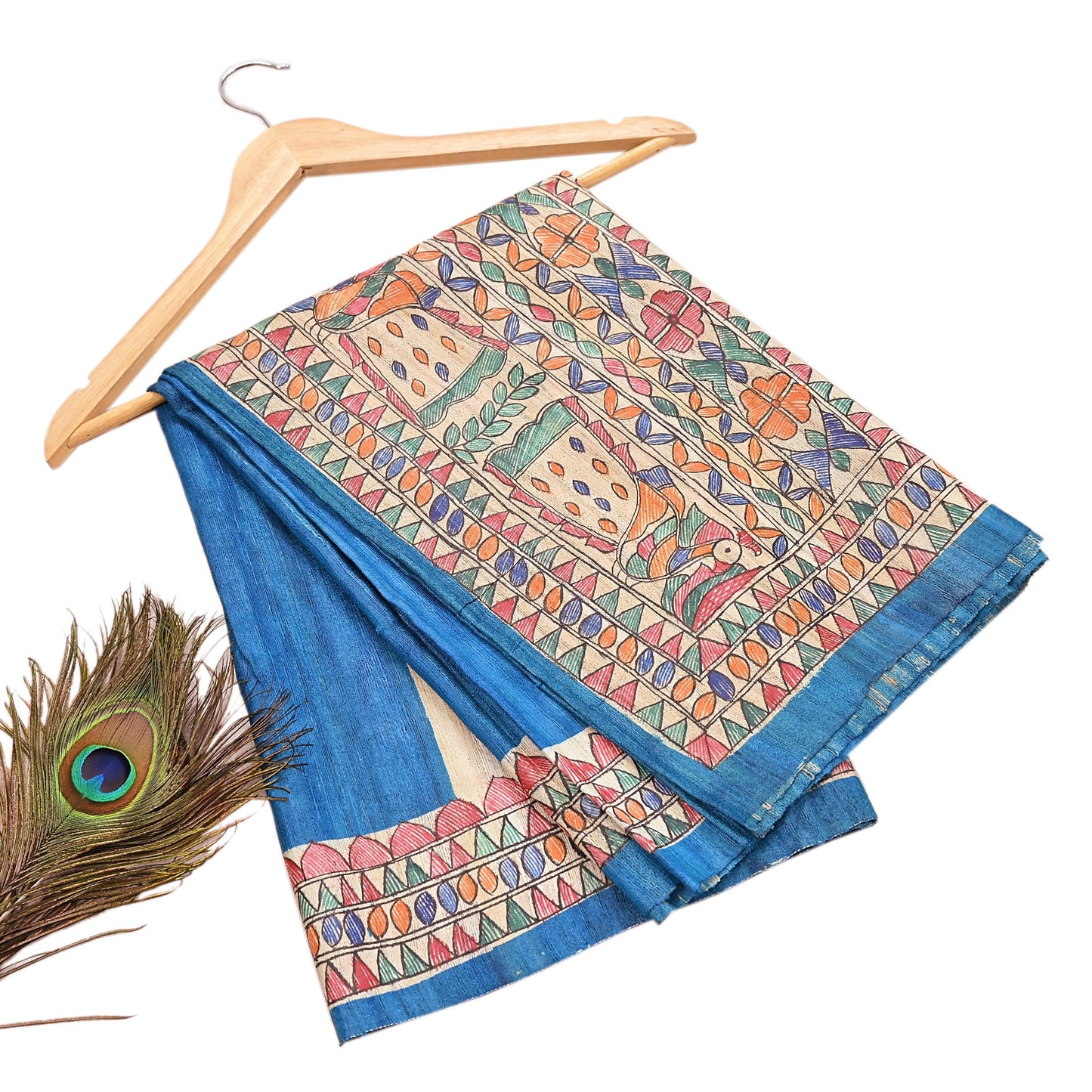 Indian Vintage Beige & Blue Dupatta Pure Khadi silk Long Stole Hand Embroidered Scarves Floral Design Stole Veil Wrap