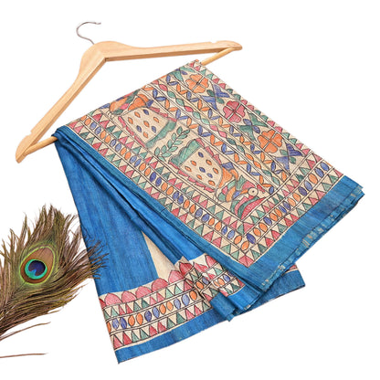 Indian Vintage Beige & Blue Dupatta Pure Khadi silk Long Stole Hand Embroidered Scarves Floral Design Stole Veil Wrap