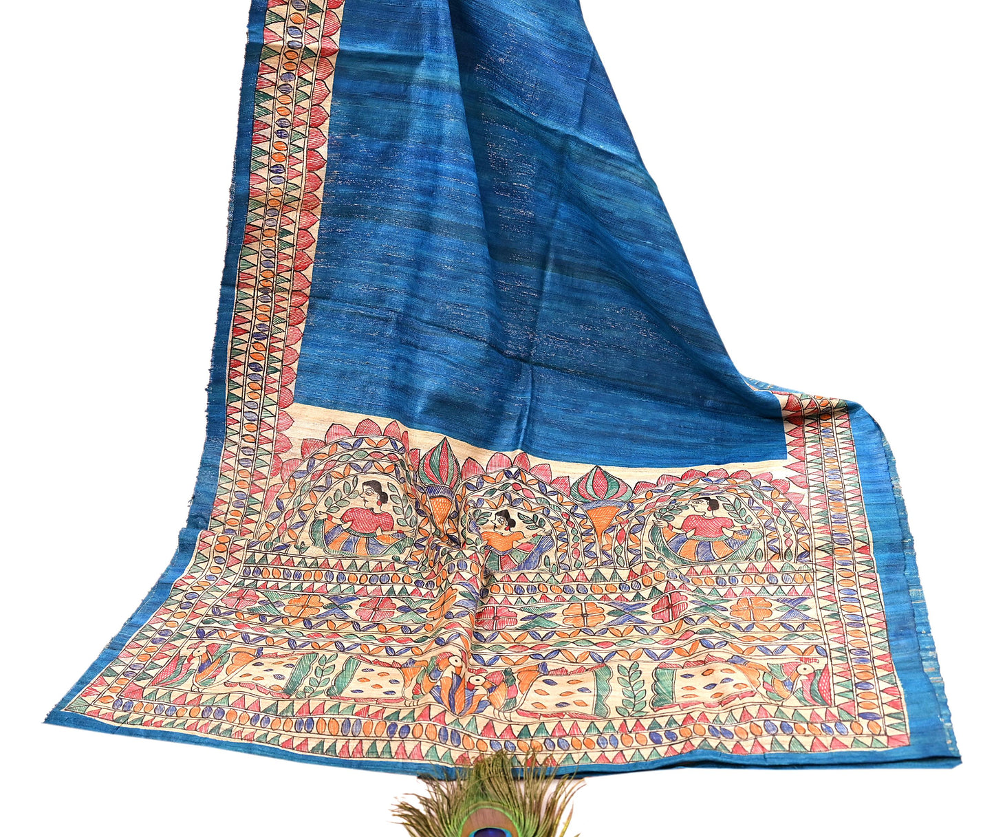 Indian Vintage Beige & Blue Dupatta Pure Khadi silk Long Stole Hand Embroidered Scarves Floral Design Stole Veil Wrap