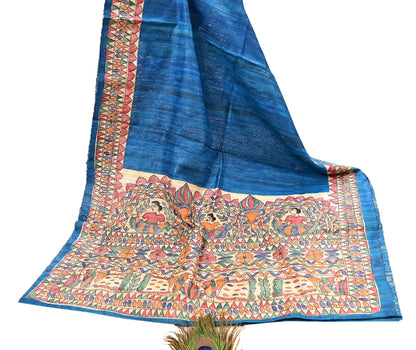 Indian Vintage Beige & Blue Dupatta Pure Khadi silk Long Stole Hand Embroidered Scarves Floral Design Stole Veil Wrap