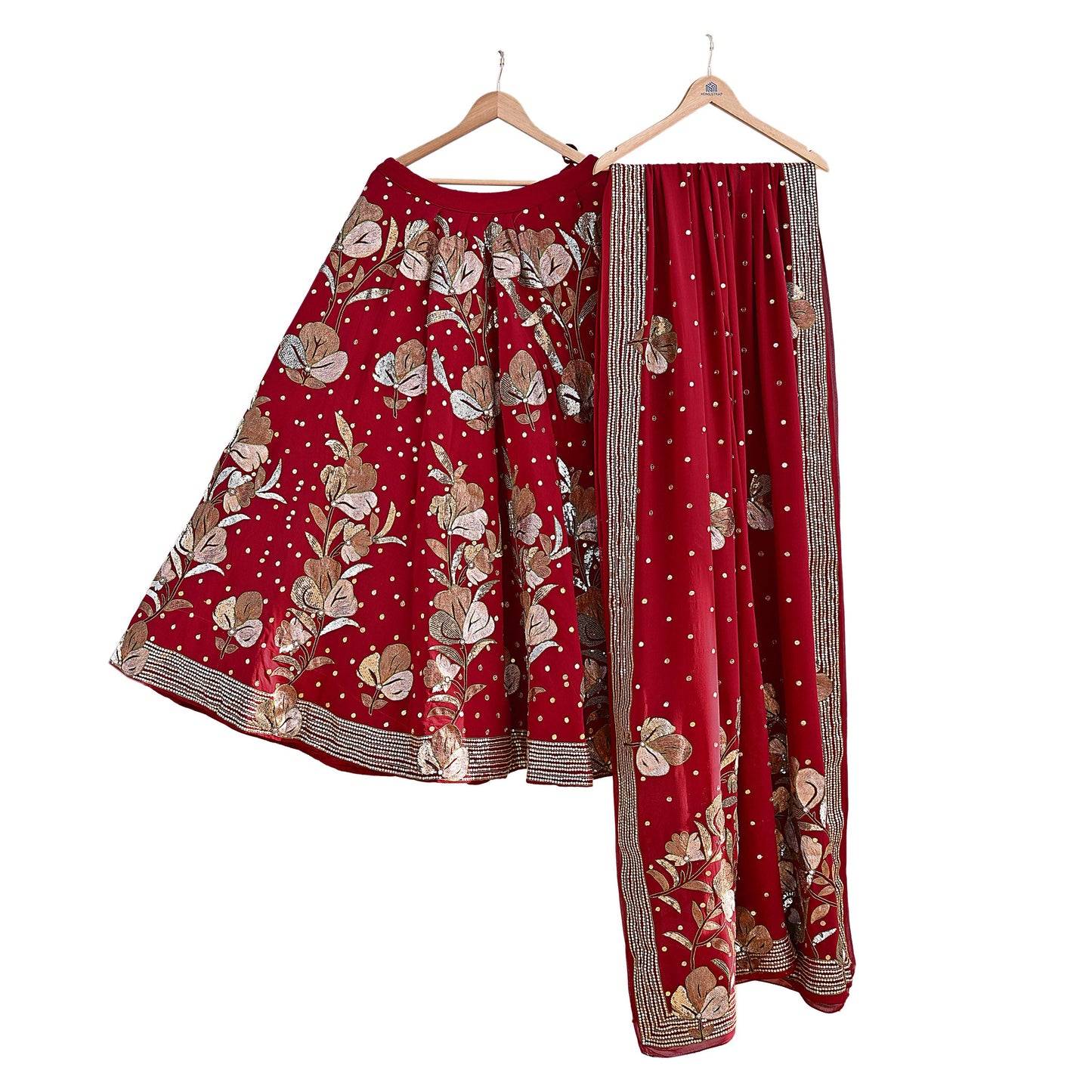 Indian Vintage Heavy Red Pure Georgette Silk Hand Embroidered Lehenga/Dupatta party Wear Zardozi/ Dabka, Zari