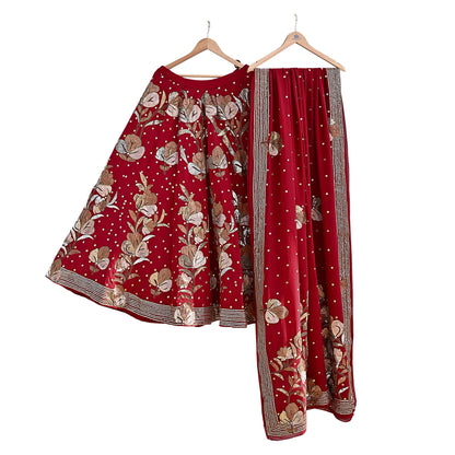 Indian Vintage Heavy Red Pure Georgette Silk Hand Embroidered Lehenga/Dupatta party Wear Zardozi/ Dabka, Zari