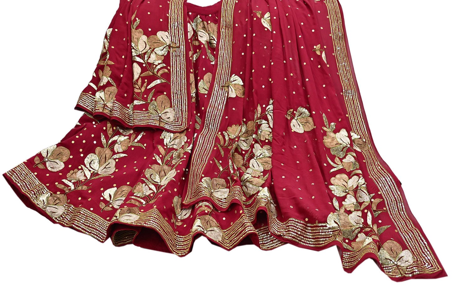 Indian Vintage Heavy Red Pure Georgette Silk Hand Embroidered Lehenga/Dupatta party Wear Zardozi/ Dabka, Zari