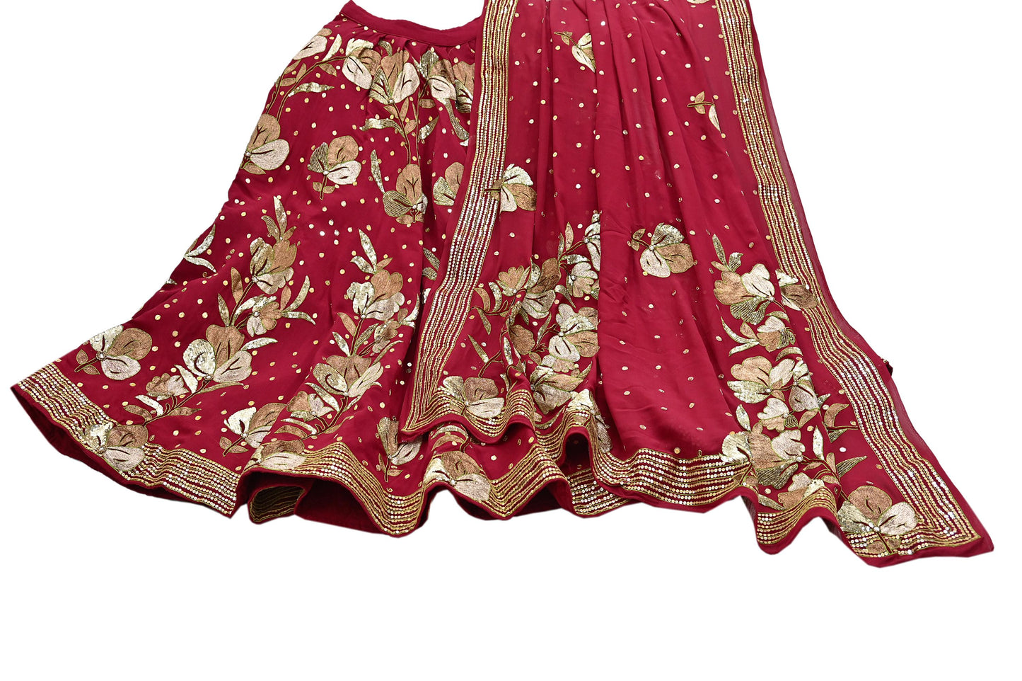 Indian Vintage Heavy Red Pure Georgette Silk Hand Embroidered Lehenga/Dupatta party Wear Zardozi/ Dabka, Zari
