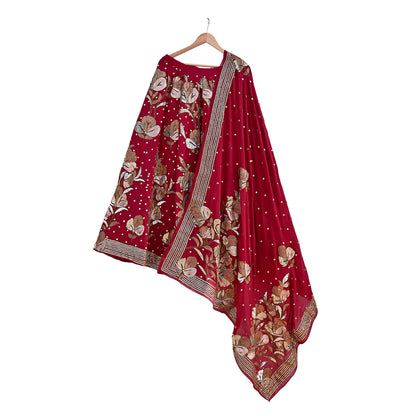 Indian Vintage Heavy Red Pure Georgette Silk Hand Embroidered Lehenga/Dupatta party Wear Zardozi/ Dabka, Zari
