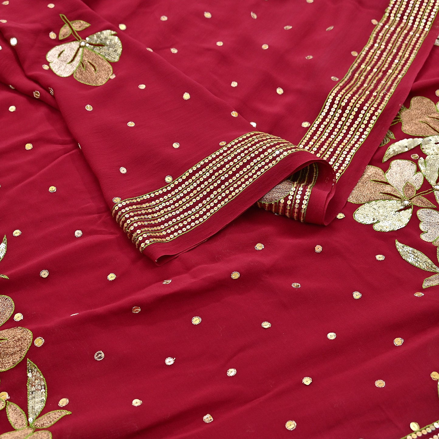 Indian Vintage Heavy Red Dupatta Pure Georgette Silk Long Stole Hand Embroidered Scarves Glass Beaded
