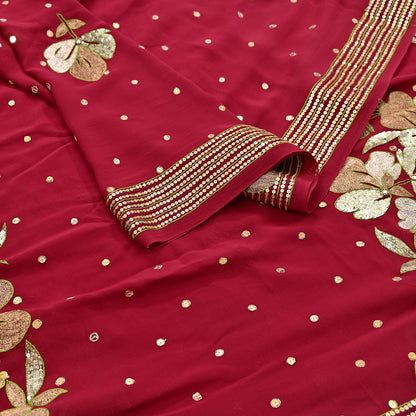 Indian Vintage Heavy Red Dupatta Pure Georgette Silk Long Stole Hand Embroidered Scarves Glass Beaded