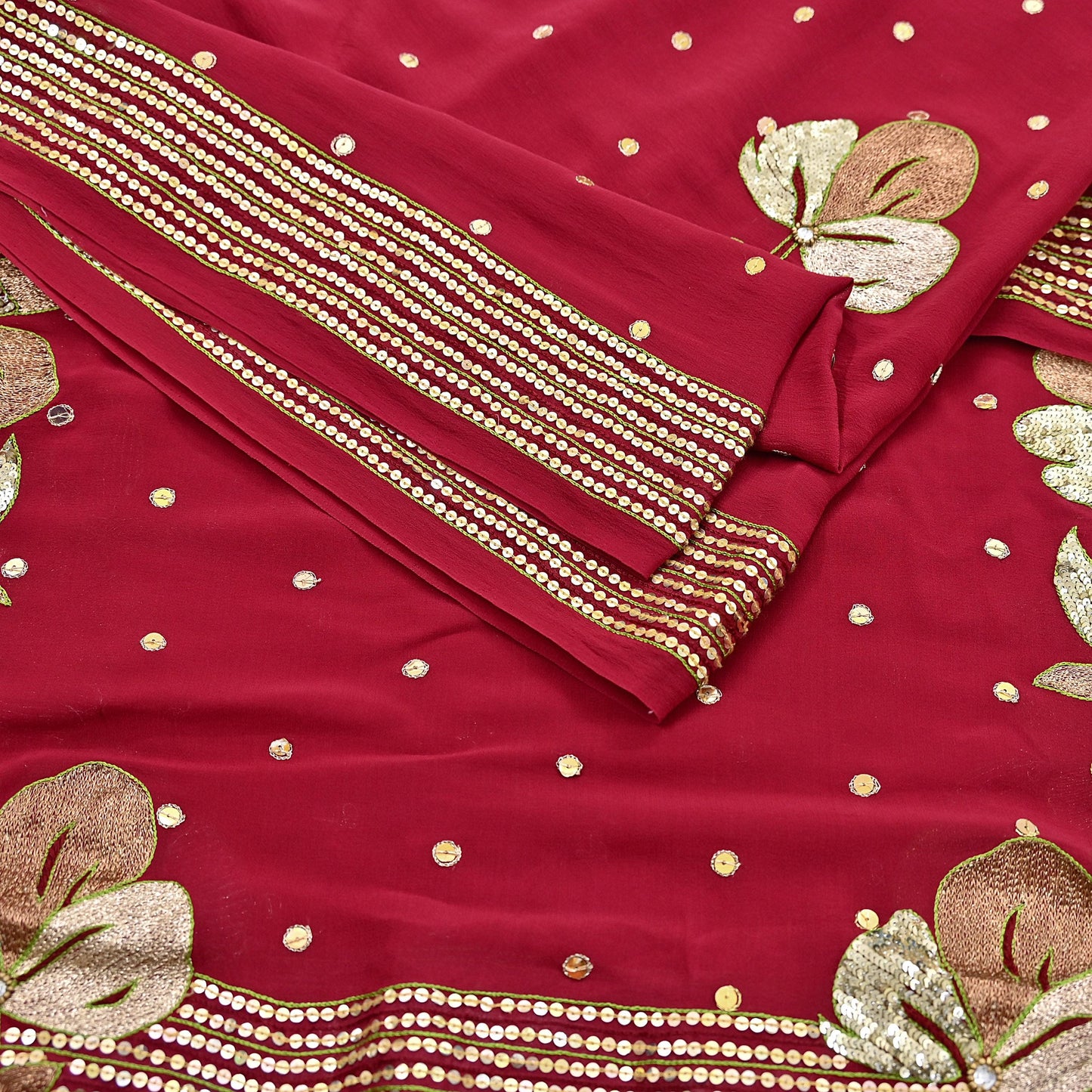 Indian Vintage Heavy Red Dupatta Pure Georgette Silk Long Stole Hand Embroidered Scarves Glass Beaded