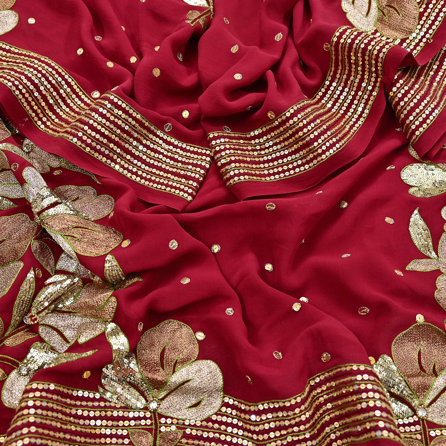 Indian Vintage Heavy Red Dupatta Pure Georgette Silk Long Stole Hand Embroidered Scarves Glass Beaded