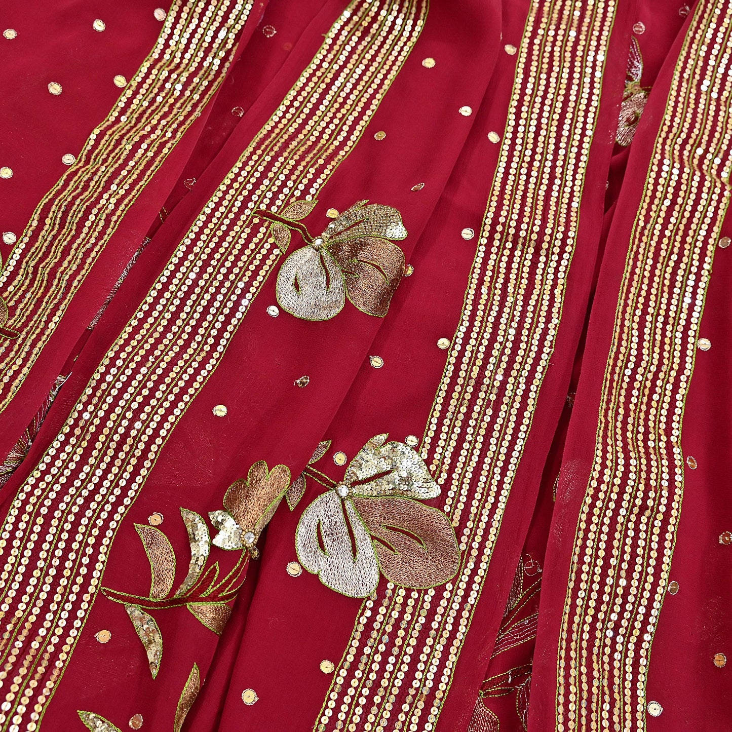 Indian Vintage Heavy Red Dupatta Pure Georgette Silk Long Stole Hand Embroidered Scarves Glass Beaded