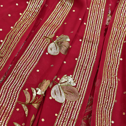 Indian Vintage Heavy Red Dupatta Pure Georgette Silk Long Stole Hand Embroidered Scarves Glass Beaded